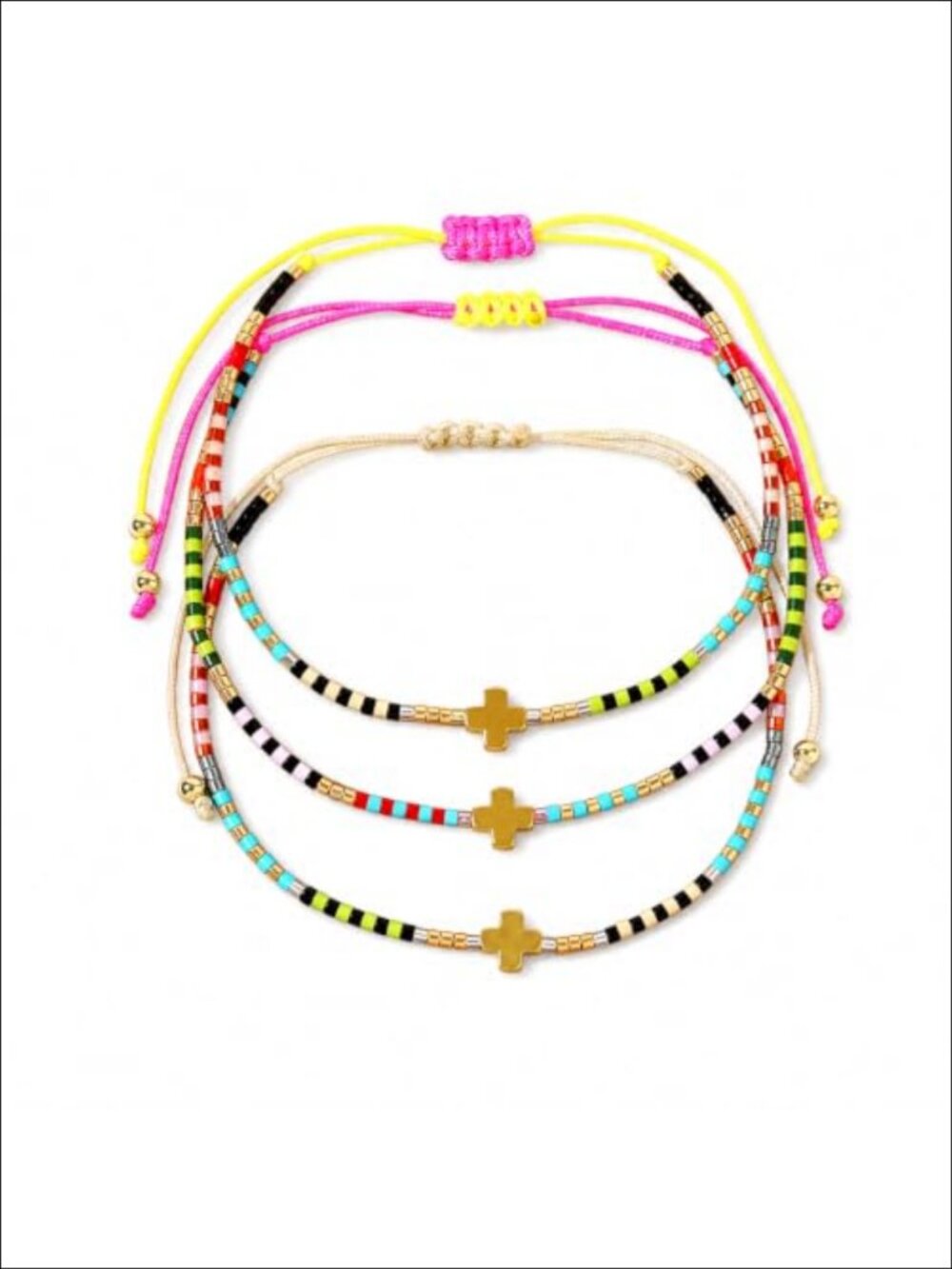 Seed Beaded Cross Bracelet Set Adjustable Bead Chain 3Pc Women's Faith Jewelry